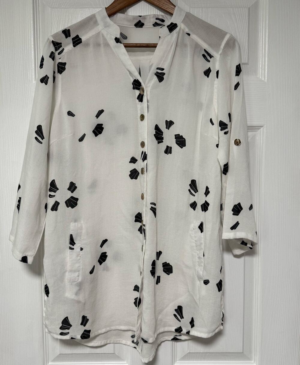 Fridaze Women's 100%Linen Button Front Roll Tab Sleeve Tunic Top Size Small